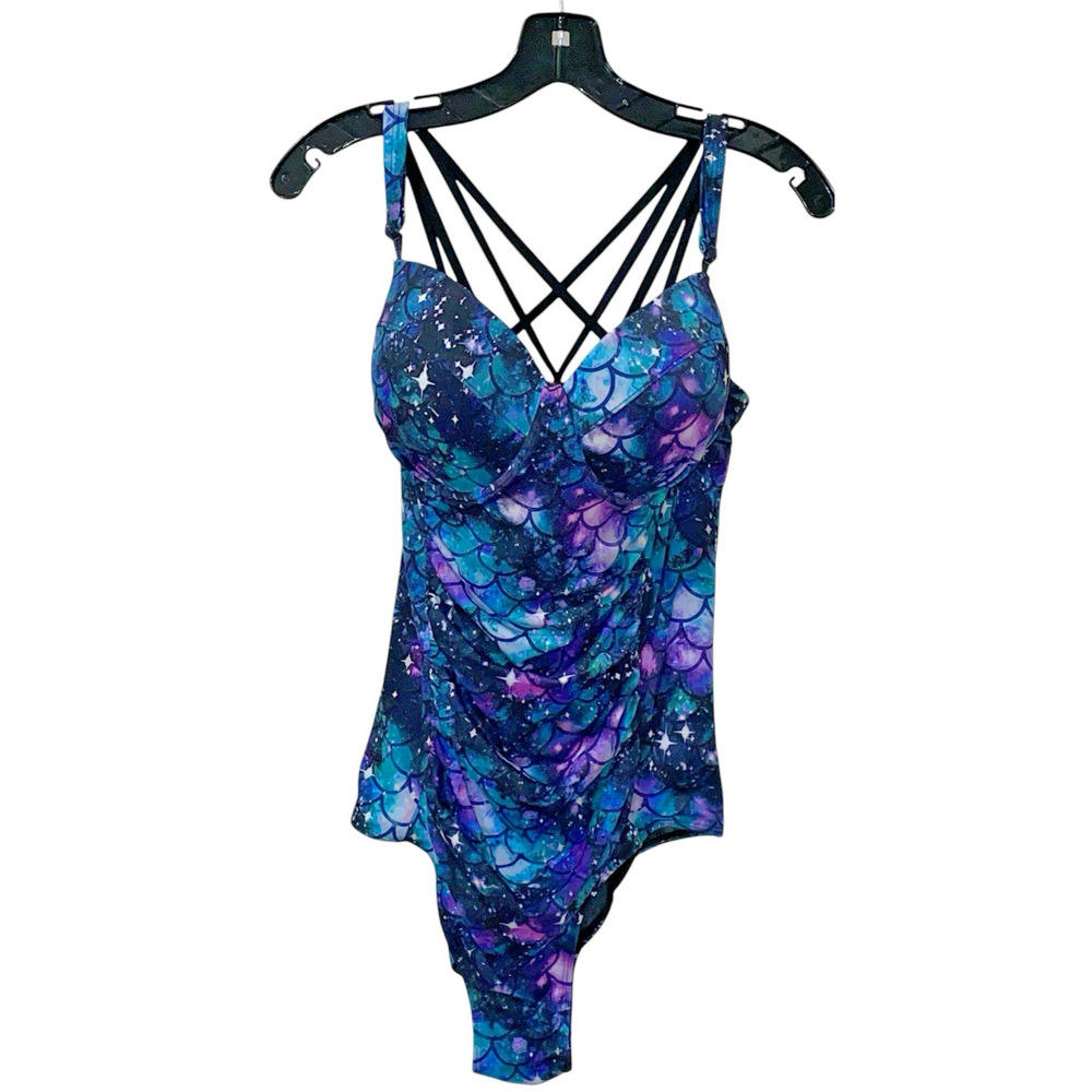 Torrid Slim Fix Underwire One Piece Swimsuit 2R Strappy Back Galaxy Mermaid Blue